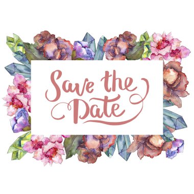 Pembe ve mor gardania. Botanik çiçek. Çerçeve kenarlığı süsleme Meydanı. Arka plan, doku, sarıcı desen, çerçeve veya kenarlık için Aquarelle kır çiçeği.