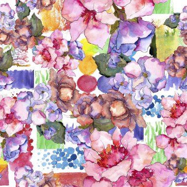 Pembe ve mor gardania. Botanik çiçek. Sorunsuz arka plan deseni. Kumaş duvar kağıdı yazdırma doku. Arka plan, doku, sarıcı desen, çerçeve veya kenarlık için Aquarelle kır çiçeği.