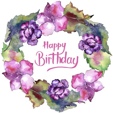 Pembe ve mor gardania. Botanik çiçek. Çerçeve kenarlığı süsleme Meydanı. Arka plan, doku, sarıcı desen, çerçeve veya kenarlık için Aquarelle kır çiçeği.