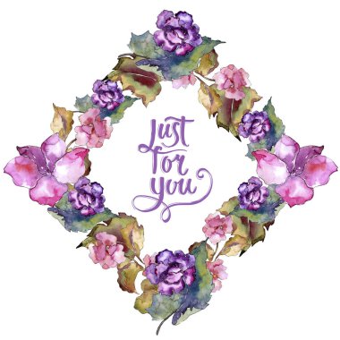 Pembe ve mor gardania. Botanik çiçek. Çerçeve kenarlığı süsleme Meydanı. Arka plan, doku, sarıcı desen, çerçeve veya kenarlık için Aquarelle kır çiçeği.