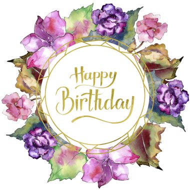 Pembe ve mor gardania. Botanik çiçek. Çerçeve kenarlığı süsleme Meydanı. Arka plan, doku, sarıcı desen, çerçeve veya kenarlık için Aquarelle kır çiçeği.