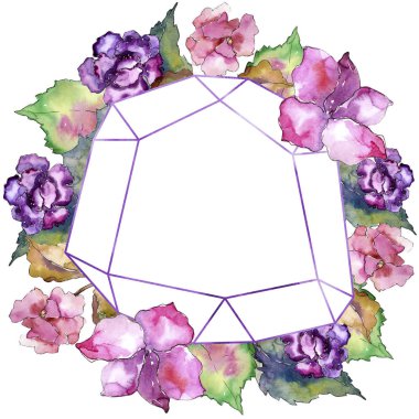Pembe ve mor gardania. Botanik çiçek. Çerçeve kenarlığı süsleme Meydanı. Arka plan, doku, sarıcı desen, çerçeve veya kenarlık için Aquarelle kır çiçeği.