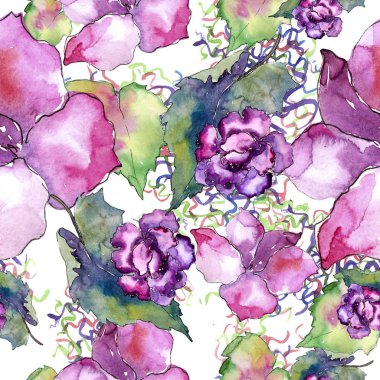 Pembe ve mor gardania. Botanik çiçek. Sorunsuz arka plan deseni. Kumaş duvar kağıdı yazdırma doku. Arka plan, doku, sarıcı desen, çerçeve veya kenarlık için Aquarelle kır çiçeği.