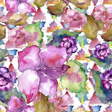 Pembe ve mor gardania. Botanik çiçek. Sorunsuz arka plan deseni. Kumaş duvar kağıdı yazdırma doku. Arka plan, doku, sarıcı desen, çerçeve veya kenarlık için Aquarelle kır çiçeği.