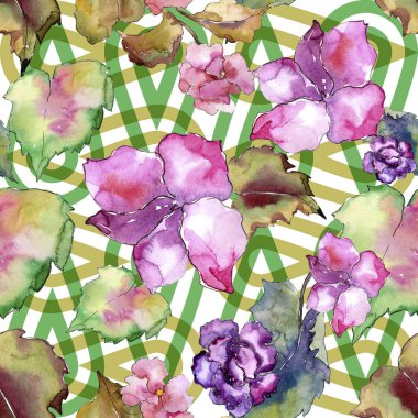 Pembe ve mor gardania. Botanik çiçek. Sorunsuz arka plan deseni. Kumaş duvar kağıdı yazdırma doku. Arka plan, doku, sarıcı desen, çerçeve veya kenarlık için Aquarelle kır çiçeği.