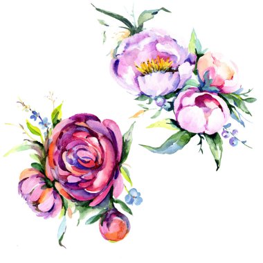 Suluboya buket pembe şakayık flowes. Botanik çiçek. İzole illüstrasyon öğesi. Arka plan, doku, sarıcı desen, çerçeve veya kenarlık için Aquarelle kır çiçeği.