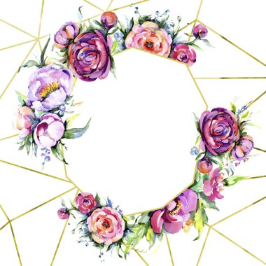 Suluboya buket pembe şakayık flowes. Botanik çiçek. Çerçeve kenarlığı süsleme Meydanı. Arka plan, doku, sarıcı desen, çerçeve veya kenarlık için Aquarelle kır çiçeği.