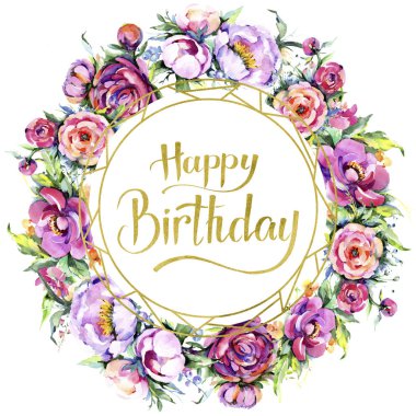 Suluboya buket pembe şakayık flowes. Botanik çiçek. Çerçeve kenarlığı süsleme Meydanı. Arka plan, doku, sarıcı desen, çerçeve veya kenarlık için Aquarelle kır çiçeği.