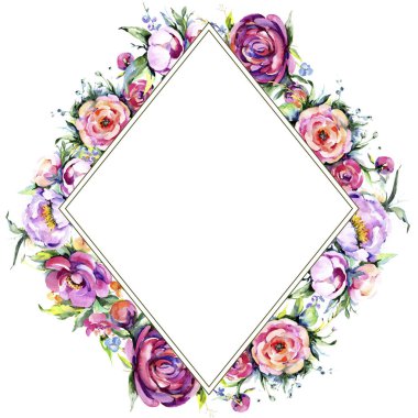 Suluboya buket pembe şakayık flowes. Botanik çiçek. Çerçeve kenarlığı süsleme Meydanı. Arka plan, doku, sarıcı desen, çerçeve veya kenarlık için Aquarelle kır çiçeği.