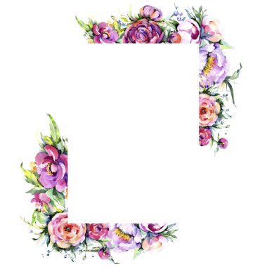 Suluboya buket pembe şakayık flowes. Botanik çiçek. Çerçeve kenarlığı süsleme Meydanı. Arka plan, doku, sarıcı desen, çerçeve veya kenarlık için Aquarelle kır çiçeği.