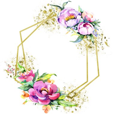 Suluboya buket pembe şakayık flowes. Botanik çiçek. Çerçeve kenarlığı süsleme Meydanı. Arka plan, doku, sarıcı desen, çerçeve veya kenarlık için Aquarelle kır çiçeği.