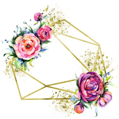 Suluboya buket pembe şakayık flowes. Botanik çiçek. Çerçeve kenarlığı süsleme Meydanı. Arka plan, doku, sarıcı desen, çerçeve veya kenarlık için Aquarelle kır çiçeği.