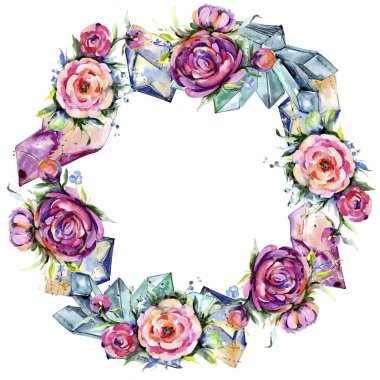 Suluboya buket pembe şakayık flowes. Botanik çiçek. Çerçeve kenarlığı süsleme Meydanı. Arka plan, doku, sarıcı desen, çerçeve veya kenarlık için Aquarelle kır çiçeği.