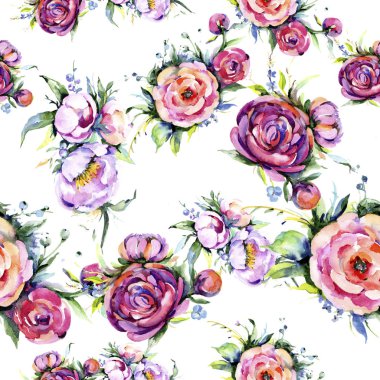 Suluboya buket pembe şakayık flowes. Botanik çiçek. Sorunsuz arka plan deseni. Kumaş duvar kağıdı yazdırma doku. Arka plan, sarıcı desen, çerçeve veya kenarlık için Aquarelle kır çiçeği.