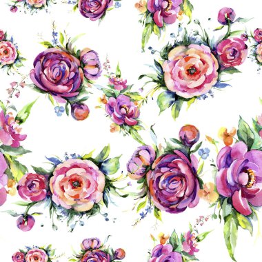 Suluboya buket pembe şakayık flowes. Botanik çiçek. Sorunsuz arka plan deseni. Kumaş duvar kağıdı yazdırma doku. Arka plan, sarıcı desen, çerçeve veya kenarlık için Aquarelle kır çiçeği.