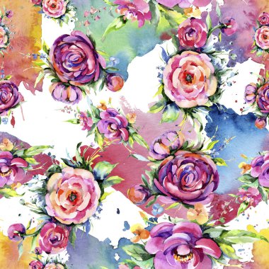 Suluboya buket pembe şakayık flowes. Botanik çiçek. Sorunsuz arka plan deseni. Kumaş duvar kağıdı yazdırma doku. Arka plan, sarıcı desen, çerçeve veya kenarlık için Aquarelle kır çiçeği.