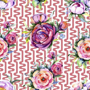 Suluboya buket pembe şakayık flowes. Botanik çiçek. Sorunsuz arka plan deseni. Kumaş duvar kağıdı yazdırma doku. Arka plan, sarıcı desen, çerçeve veya kenarlık için Aquarelle kır çiçeği.