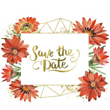 Sulu boya turuncu gazania çiçekler. Botanik çiçek. Çerçeve kenarlığı süsleme Meydanı. Arka plan, doku, sarıcı desen, çerçeve veya kenarlık için Aquarelle kır çiçeği.
