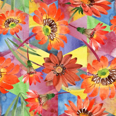 Sulu boya turuncu gazania çiçekler. Botanik çiçek. Sorunsuz arka plan deseni. Kumaş duvar kağıdı yazdırma doku. Arka plan, doku, sarıcı desen, çerçeve veya kenarlık için Aquarelle kır çiçeği.