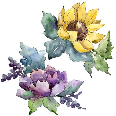 Suluboya buket çiçek. Botanik çiçek. İzole illüstrasyon öğesi. Bitki tam adı: ayçiçeği, şakayık, keten. Arka plan, doku, çerçeve veya kenarlık Aquarelle kır çiçeği.