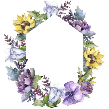 Suluboya buket çiçek. Botanik çiçek. Çerçeve kenarlığı süsleme Meydanı. Bitki tam adı: ayçiçeği, şakayık, keten. Arka plan, doku, çerçeve veya kenarlık Aquarelle kır çiçeği.