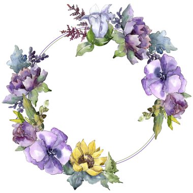 Suluboya buket çiçek. Botanik çiçek. Çerçeve kenarlığı süsleme Meydanı. Bitki tam adı: ayçiçeği, şakayık, keten. Arka plan, doku, çerçeve veya kenarlık Aquarelle kır çiçeği.