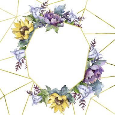 Suluboya buket çiçek. Botanik çiçek. Çerçeve kenarlığı süsleme Meydanı. Bitki tam adı: ayçiçeği, şakayık, keten. Arka plan, doku, çerçeve veya kenarlık Aquarelle kır çiçeği.