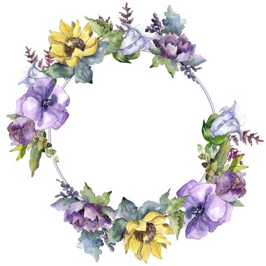 Suluboya buket çiçek. Botanik çiçek. Çerçeve kenarlığı süsleme Meydanı. Bitki tam adı: ayçiçeği, şakayık, keten. Arka plan, doku, çerçeve veya kenarlık Aquarelle kır çiçeği.