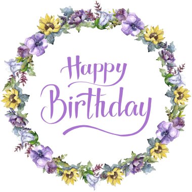 Suluboya buket çiçek. Botanik çiçek. Çerçeve kenarlığı süsleme Meydanı. Bitki tam adı: ayçiçeği, şakayık, keten. Arka plan, doku, çerçeve veya kenarlık Aquarelle kır çiçeği.