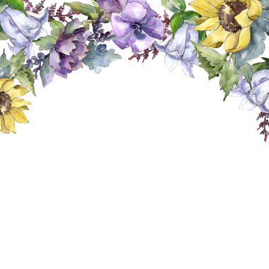 Suluboya buket çiçek. Botanik çiçek. Çerçeve kenarlığı süsleme Meydanı. Bitki tam adı: ayçiçeği, şakayık, keten. Arka plan, doku, çerçeve veya kenarlık Aquarelle kır çiçeği.