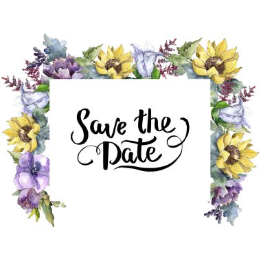 Suluboya buket çiçek. Botanik çiçek. Çerçeve kenarlığı süsleme Meydanı. Bitki tam adı: ayçiçeği, şakayık, keten. Arka plan, doku, çerçeve veya kenarlık Aquarelle kır çiçeği.