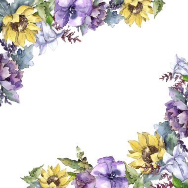 Suluboya buket çiçek. Botanik çiçek. Çerçeve kenarlığı süsleme Meydanı. Bitki tam adı: ayçiçeği, şakayık, keten. Arka plan, doku, çerçeve veya kenarlık Aquarelle kır çiçeği.