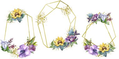 Suluboya buket çiçek. Botanik çiçek. İzole illüstrasyon öğesi. Bitki tam adı: ayçiçeği, şakayık, keten. Arka plan, doku, çerçeve veya kenarlık Aquarelle kır çiçeği.