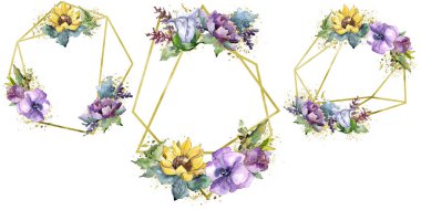 Suluboya buket çiçek. Botanik çiçek. İzole illüstrasyon öğesi. Bitki tam adı: ayçiçeği, şakayık, keten. Arka plan, doku, çerçeve veya kenarlık Aquarelle kır çiçeği.