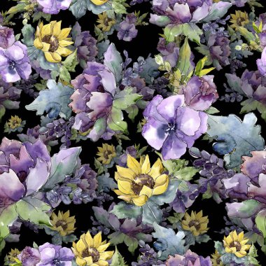 Suluboya buket çiçek. Botanik çiçek. Sorunsuz arka plan deseni. Bitki tam adı: ayçiçeği, şakayık, keten. Arka plan, doku, çerçeve veya kenarlık Aquarelle kır çiçeği.