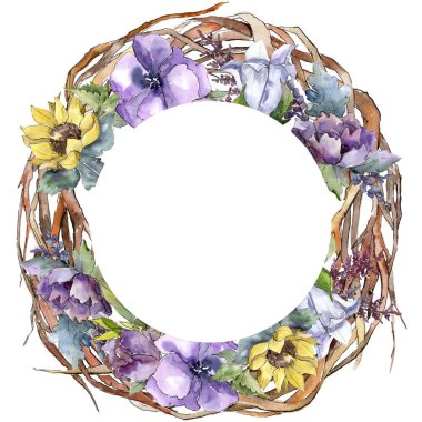 Suluboya buket çiçek. Botanik çiçek. Çerçeve kenarlığı süsleme Meydanı. Bitki tam adı: ayçiçeği, şakayık, keten. Arka plan, doku, çerçeve veya kenarlık Aquarelle kır çiçeği.