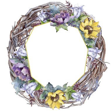 Suluboya buket çiçek. Botanik çiçek. Çerçeve kenarlığı süsleme Meydanı. Bitki tam adı: ayçiçeği, şakayık, keten. Arka plan, doku, çerçeve veya kenarlık Aquarelle kır çiçeği.