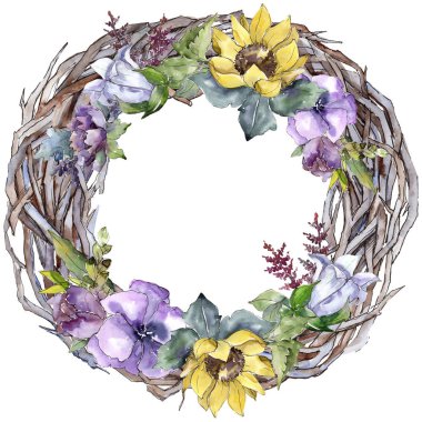 Suluboya buket çiçek. Botanik çiçek. Çerçeve kenarlığı süsleme Meydanı. Bitki tam adı: ayçiçeği, şakayık, keten. Arka plan, doku, çerçeve veya kenarlık Aquarelle kır çiçeği.