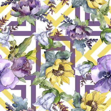 Suluboya buket çiçek. Botanik çiçek. Sorunsuz arka plan deseni. Bitki tam adı: ayçiçeği, şakayık, keten. Arka plan, doku, çerçeve veya kenarlık Aquarelle kır çiçeği.