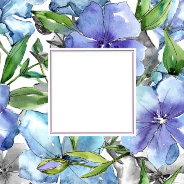 Suluboya mavi keten çiçek. Botanik çiçek. Çerçeve kenarlığı süsleme Meydanı. Arka plan, doku, sarıcı desen, çerçeve veya kenarlık için Aquarelle kır çiçeği.