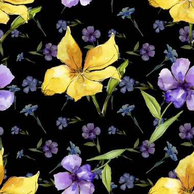 Suluboya mavi ve sarı keten çiçekler. Botanik çiçek. Sorunsuz arka plan deseni. Kumaş duvar kağıdı yazdırma doku. Arka plan, doku, çerçeve veya kenarlık Aquarelle kır çiçeği.