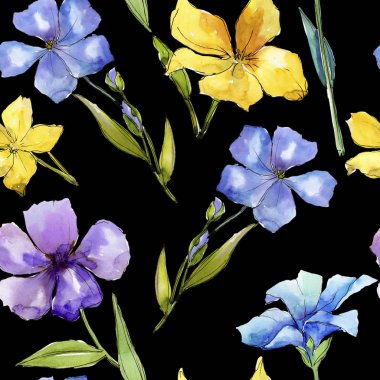Suluboya mavi ve sarı keten çiçekler. Botanik çiçek. Sorunsuz arka plan deseni. Kumaş duvar kağıdı yazdırma doku. Arka plan, doku, çerçeve veya kenarlık Aquarelle kır çiçeği.
