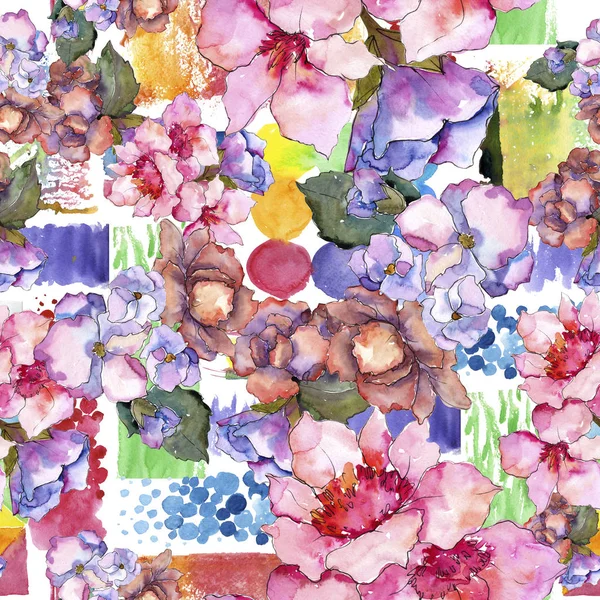 Pembe ve mor gardania. Botanik çiçek. Sorunsuz arka plan deseni. Kumaş duvar kağıdı yazdırma doku. Arka plan, doku, sarıcı desen, çerçeve veya kenarlık için Aquarelle kır çiçeği.