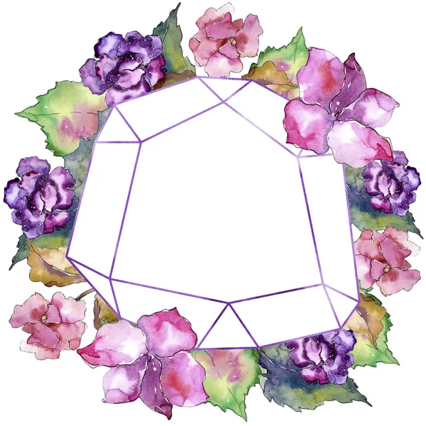 Pembe ve mor gardania. Botanik çiçek. Çerçeve kenarlığı süsleme Meydanı. Arka plan, doku, sarıcı desen, çerçeve veya kenarlık için Aquarelle kır çiçeği.
