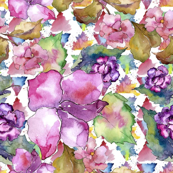 Pink and purple gardania. Floral botanical flower. Seamless background pattern. Fabric wallpaper print texture. Aquarelle wildflower for background, texture, wrapper pattern, frame or border.