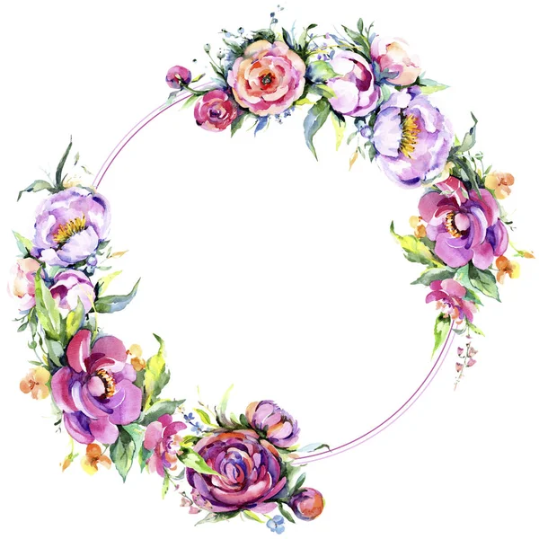 Akvarelu Kytice Růžová Pivoňka Flowes Květinové Botanické Květin Frame Hranice — Stock fotografie