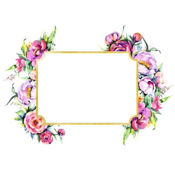 Aquarel Boeket Roze Pioen Flowes Floral Botanische Bloem Frame Grens — Stockfoto