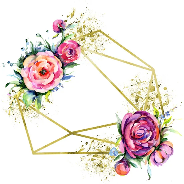 水彩花束粉红色牡丹 Flowes 花卉植物花 框边框装饰广场 包装图案 框架或边框的水彩画野花 — 图库照片