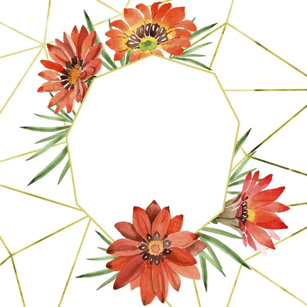 Watercolor Orange Gazania Flowers Floral Botanical Flower Frame Border Ornament — Stock Photo, Image
