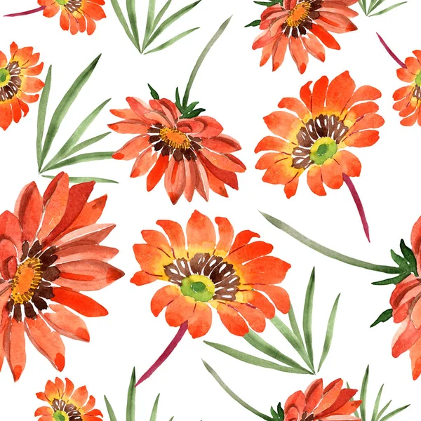 Aquarela Flores Laranja Gazania Floral Flor Botânica Padrão Fundo Sem — Fotografia de Stock